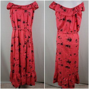 Vintage Hilo Hattie's Hawaiian Maxi Dress On Off Shoulders Palm Trees Print Med